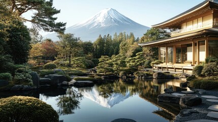 Fototapeta premium Mount Fuji and a traditional Japanese wooden house with a peaceful garden view