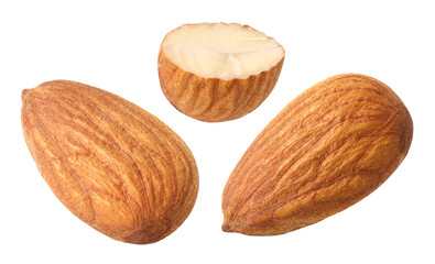 Almond nuts and piece isolated on a white background. Clipping path, cut out, Collection