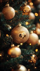 Golden Christmas Ornaments on a Lush Evergreen Tree