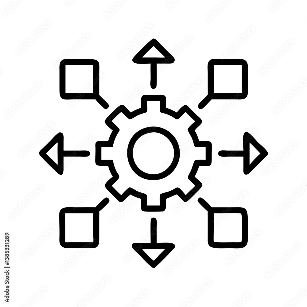 Poster gear mechanism with arrows and squares representing process management and workflow automation syste