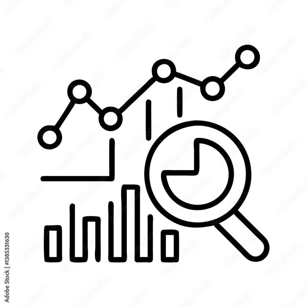 Poster data analysis and business intelligence line graph bar chart and magnifying glass search tool icon d