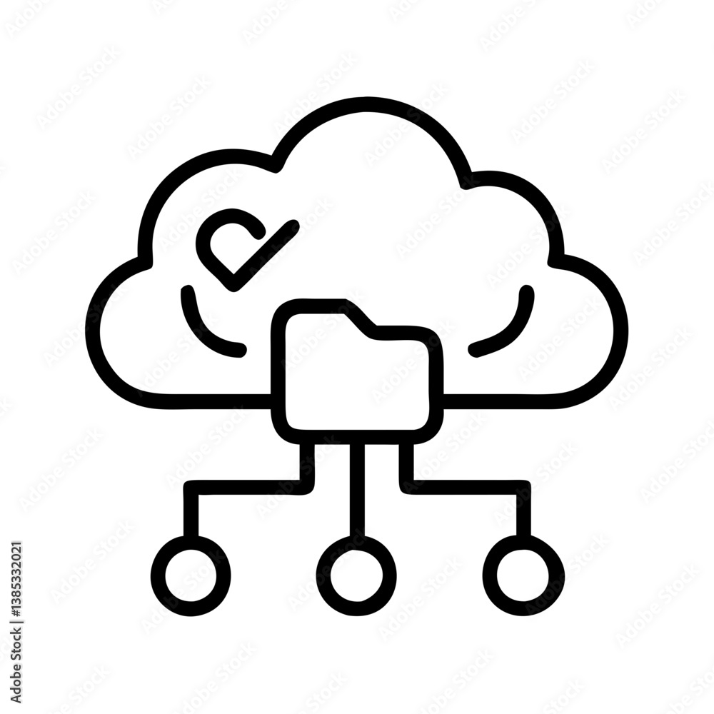 Poster cloud data storage network with folder and check mark for secure online file management system