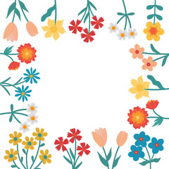 Text frame with flowers. Vector floral background for banner, poster, announcements, promotions, congratulations and greetings. Square layout with flowers.