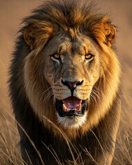 Obraz premium A male lion with his mouth open and his fangs bared in dry grass