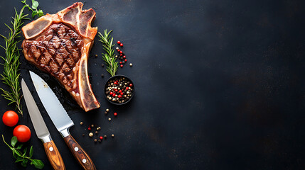 Preparing a juicy ribeye steak with fresh herbs and spices kitchen counter food photography culinary environment top view