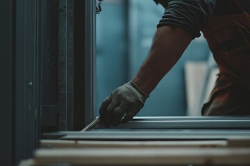 A construction worker installing a door frame at a building site. Featuring expertise and precision