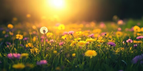 Obraz premium Sunlight Illumines A Colorful Meadow Filled With Flowers