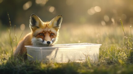 Obraz premium Fox by plastic box in grass at sunrise. Possible use Nature photography stock