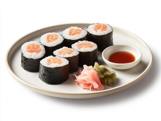 A plate of sushi rolls with soy sauce and pickled ginger. Featuring precision and artistry