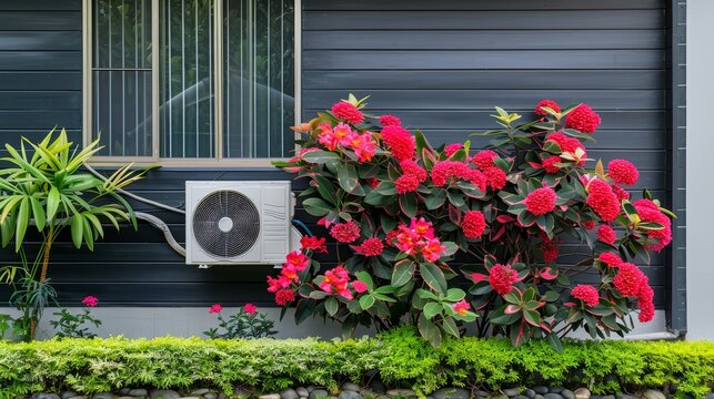 Ductless mini split heat pump mounted on wooden siding surrounded by greenery for energy efficiency