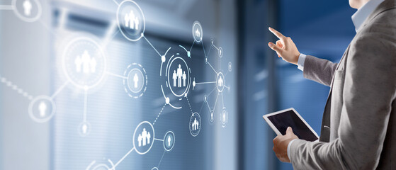 HR Recruitment Structure Global Outsourcing Social network communication concept. Virtual screen