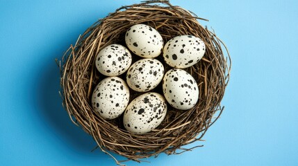 Fototapeta premium A carefully arranged bird's nest with speckled Easter eggs, beautifully placed on a bright blue background, top-down view.