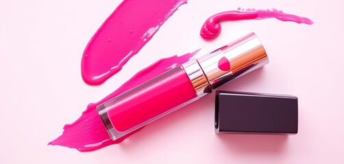 Pink liquid lipstick swatch with metallic lip gloss tube, flat lay, elegant,  beauty product