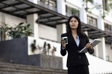 Future remote work combines technology smart phone digital business woman enable e-learning...