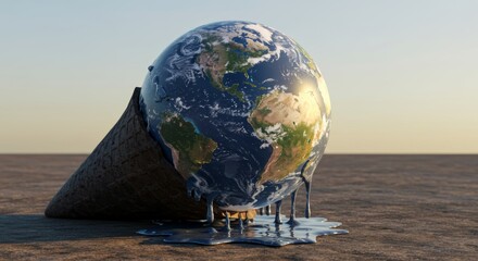 Earth melting in a cone, illustrating climate change and environmental crisis