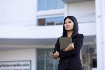 Future remote work combines technology smart phone digital business woman enable e-learning...