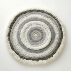 Circular Textile Art Displaying Concentric Rings in Shades of White and Gray on a White Background