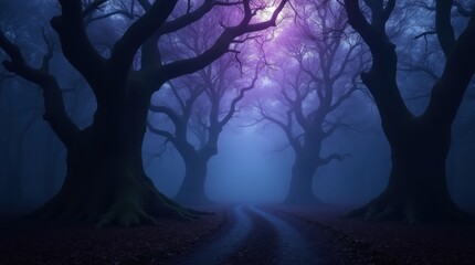 Dark enchanted forest at twilight, moody purple and blue lights, twisted trees, heavy mist, magical but ominous fantasy scene