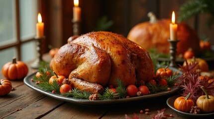 Delicious roasted turkey centerpiece on a rustic table, adorned with autumn decorations and candles