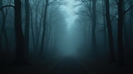 Dark dense foggy forest background, thick mist and deep shadows