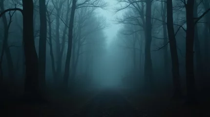 Fototapete Dark dense foggy forest background, thick mist and deep shadows © Alex Pios