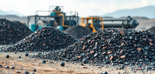 Raw cobalt and nickel piles near blurred battery production machinery, electric, technology
