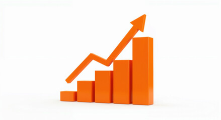 Orange bar chart with upward arrow showing business growth. Financial success visualization for marketing strategy and sales performance analysis