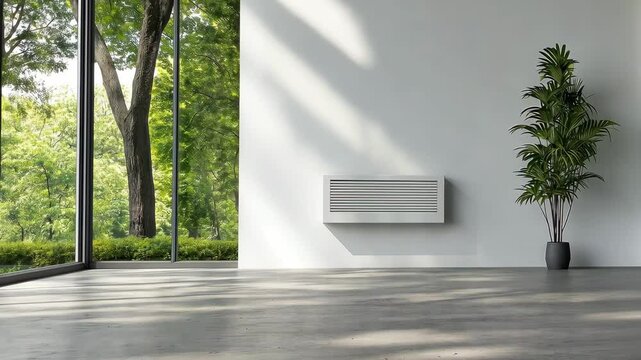 A spacious room features a sleek air conditioning unit alongside large windows that offer a view of lush greenery outside
