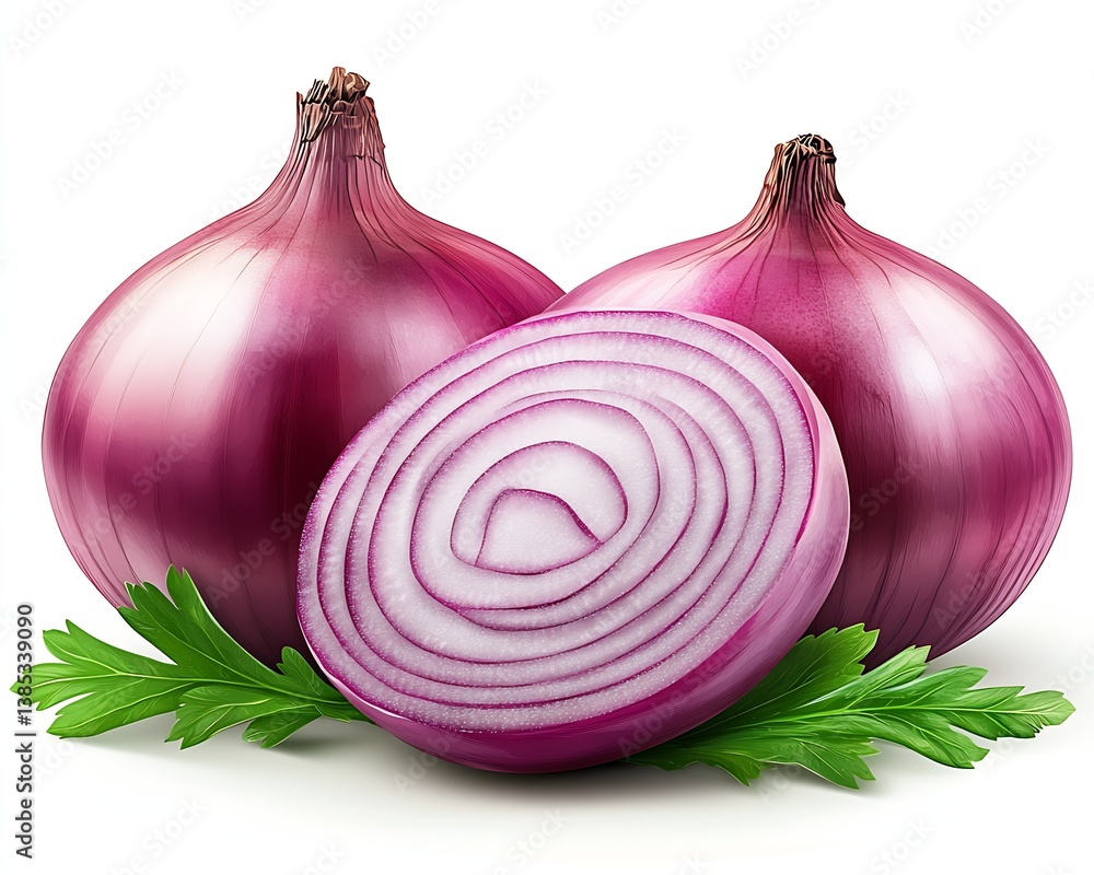 Poster vibrant display of red onions and parsley leaves showcasing a sliced onion revealing beautiful layer