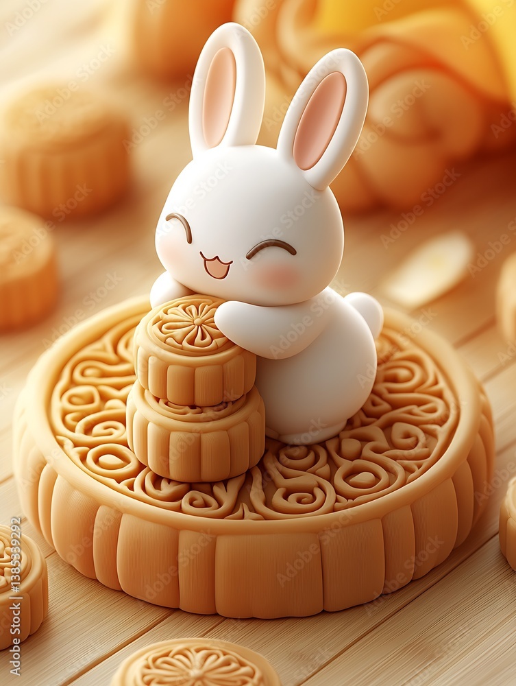 Poster Charming bunny character with a joyful expression enjoying mooncake on a decorative platter : Generative AI