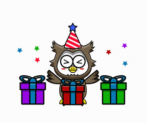 Obraz premium Cute Owl Celebrating Birthday with Gifts Cartoon Vector