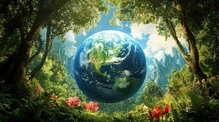 Planet earth globe surrounded nature green forest plants trees mountain foliage 