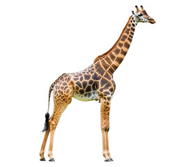 Fototapeta premium Tall giraffe standing side view, wild animal isolated on transparent background