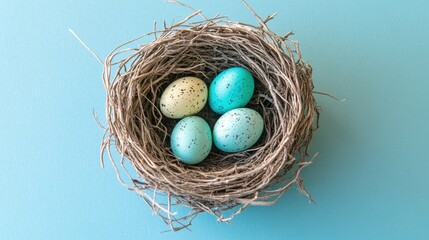 Obraz premium A festive Easter scene featuring a real bird's nest with colorful eggs, placed on a calming blue background, top-down perspective.