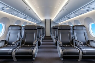 A long row of empty airline seats, symbolizing the travel restrictions during the pandemic