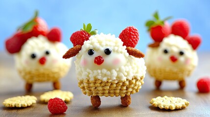 A fun and creative sheep-shaped snack made from yogurt, fruit, and crackers, perfect for a kids' lunch.