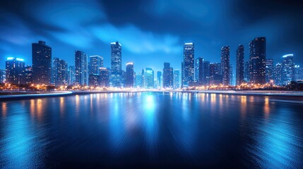 Fototapeta premium Night cityscape, illuminated skyscrapers, reflective water, urban scene, background, stock photo