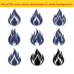 Set of fire icons, flame vector illustration, bonfire symbol, blazing silhouette, design element.