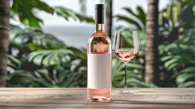 Blank label wine bottle with glasses by poolside on wooden table for summer romantic getaway