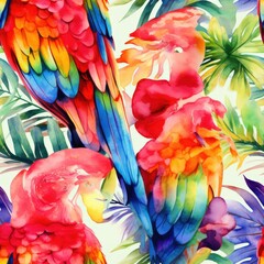 Obraz premium Colorful parrots amidst tropical leaves, a vibrant watercolor painting