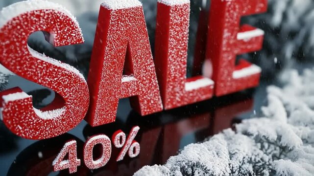 A vibrant red sign displays a 40 percent discount, surrounded by snow and winter scenery. This special offer invites shoppers to take advantage of seasonal savings while supplies last