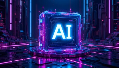 Futuristic 3D AI Cube on Digital Grid Background