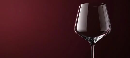 Elegant crystal wine glass set on the left, deep maroon background, sophisticated branding area 