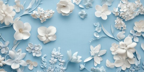 Obraz premium Elegant arrangement of various white flowers on a light blue background