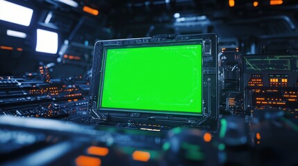 Fototapeta premium Futuristic Green Screen Control Panel in Spaceship Bridge