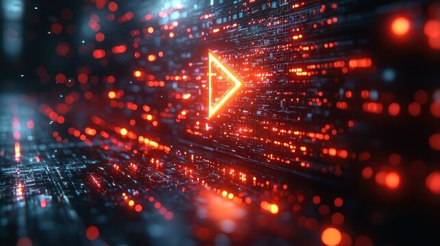 Neon Play Button in Digital Cyberspace - Powered by Adobe