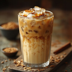 A tall glass of iced coffee with milk, ice cubes, and a swirl of caramel syrup