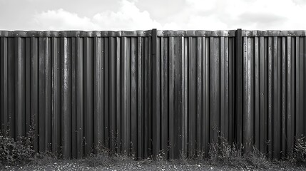 Fototapeta premium Monochrome Corrugated Metal Fence with Vegetation Outdoor Industrial Background Texture