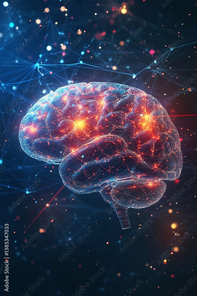 Poster digital brain is glowing with processing power, symbolizing the power of ai