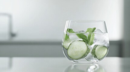 A refreshing cucumber and mint water served in a clear glass. Featuring cooling and hydrating effects